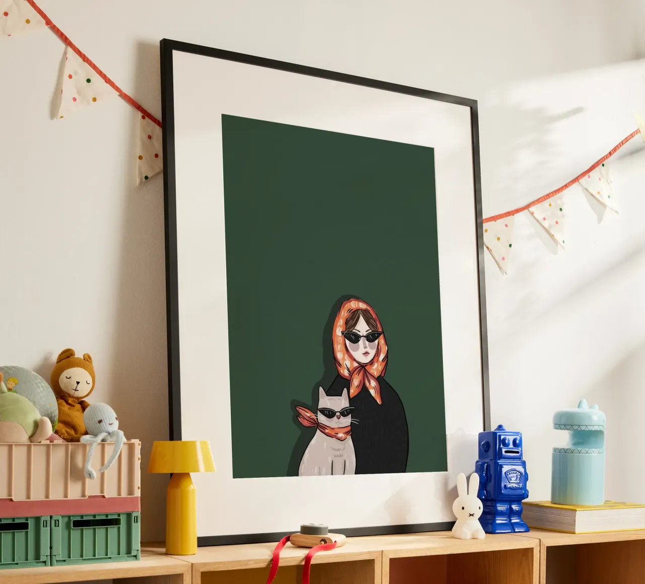 woman and cat in green background poster con telaio in plastica da jasnet
