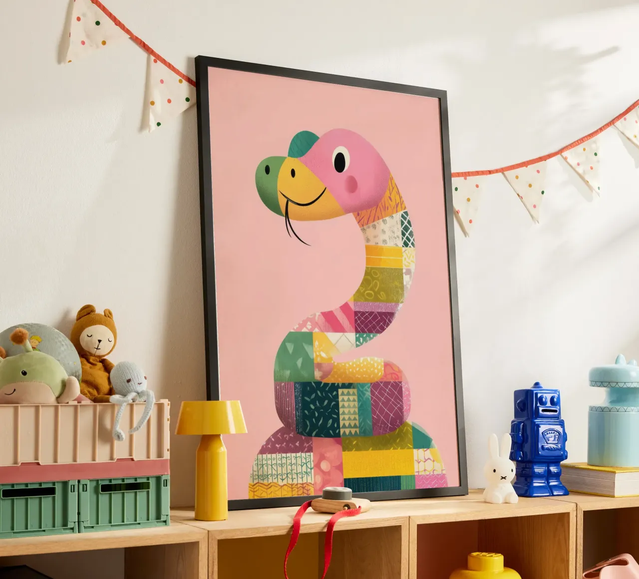 Smiling Snake Friend Poster mit Holzrahmen von Kiara