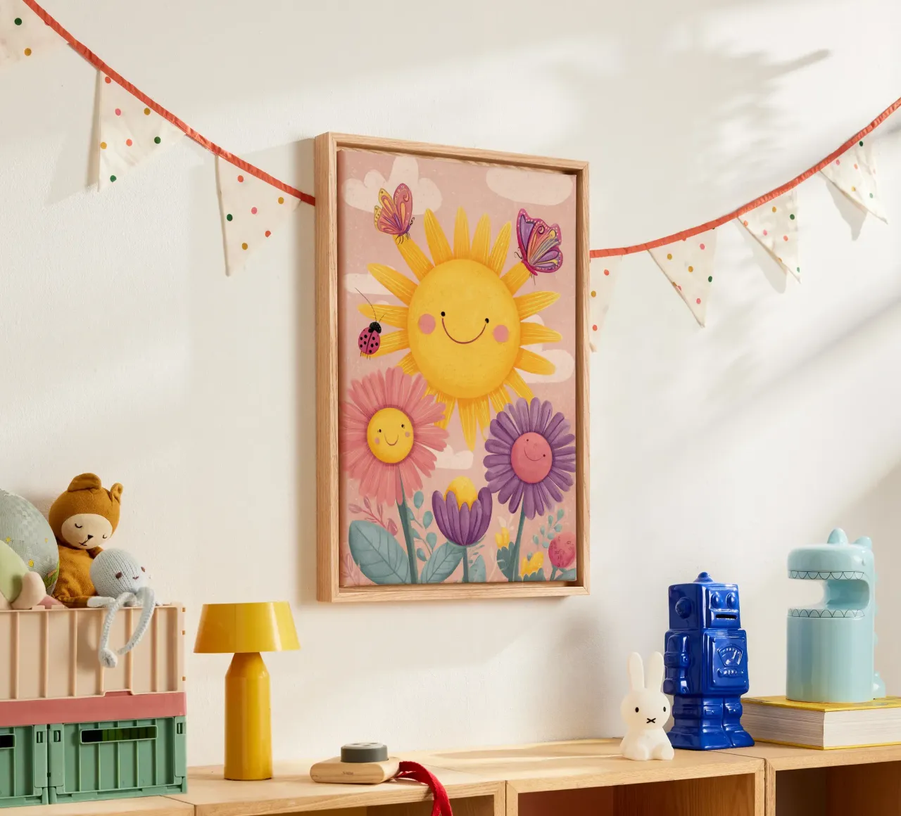 Smiling Sun and Happy Flowers canvas with Floater frame by Kiara