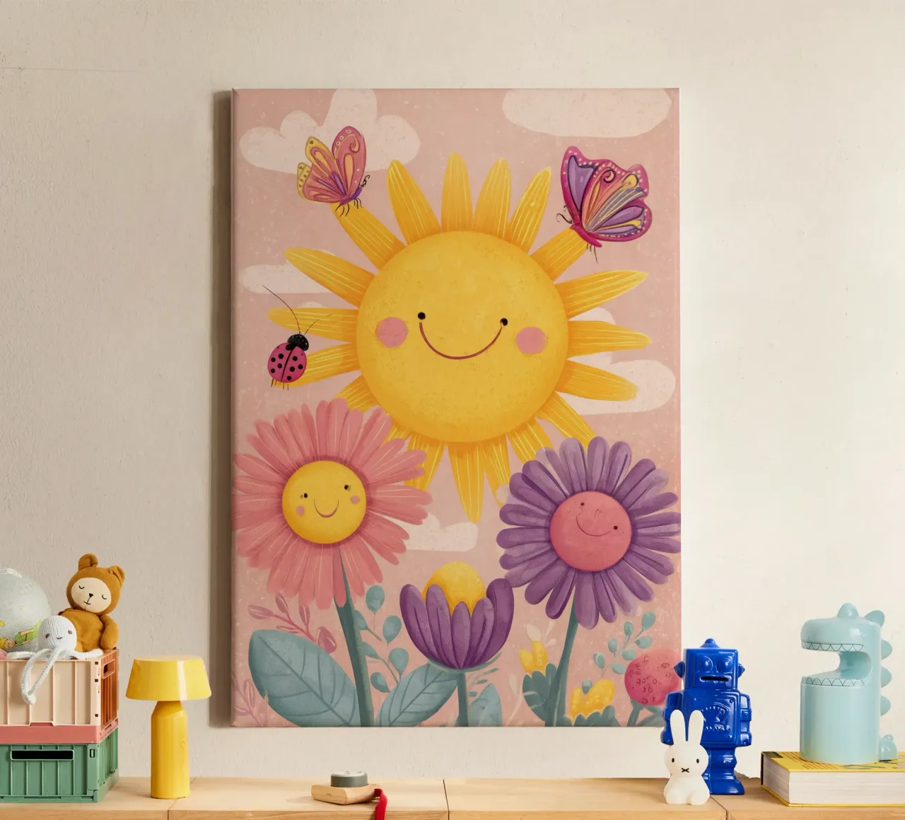 Smiling Sun and Happy Flowers canvas with Floater frame by Kiara