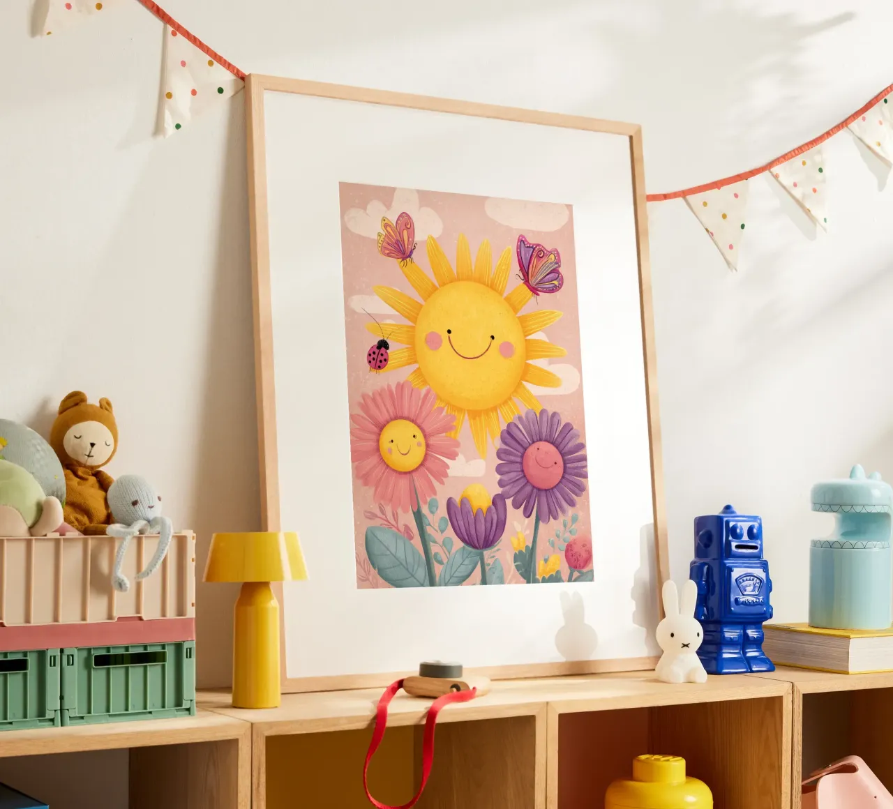 Smiling Sun and Happy Flowers poster con telaio in plastica da Kiara