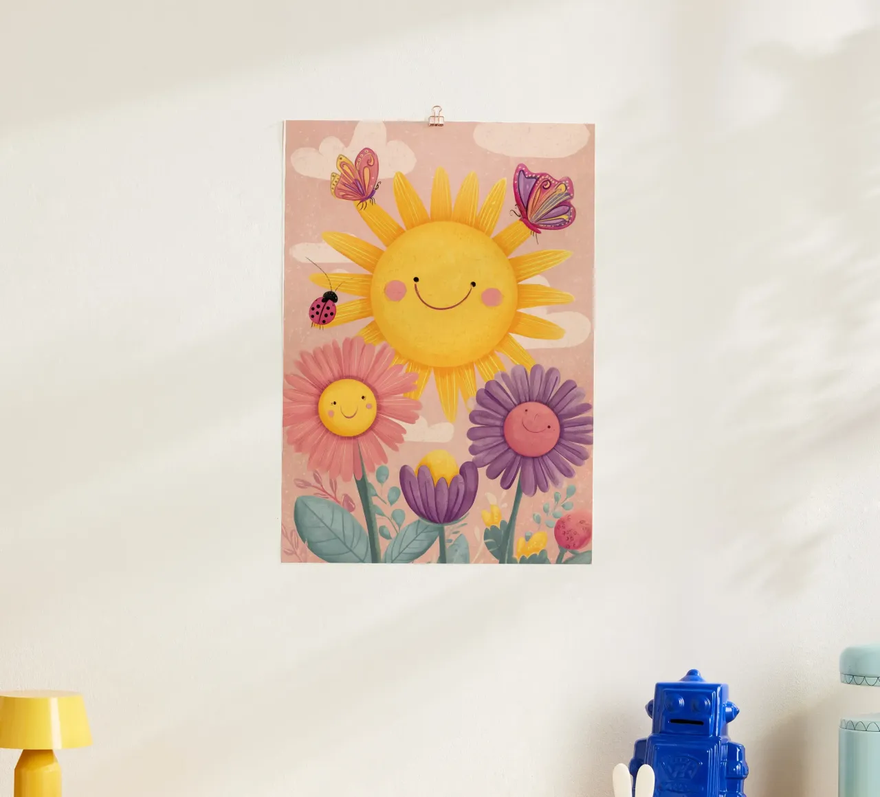 Smiling Sun and Happy Flowers poster con telaio in plastica da Kiara
