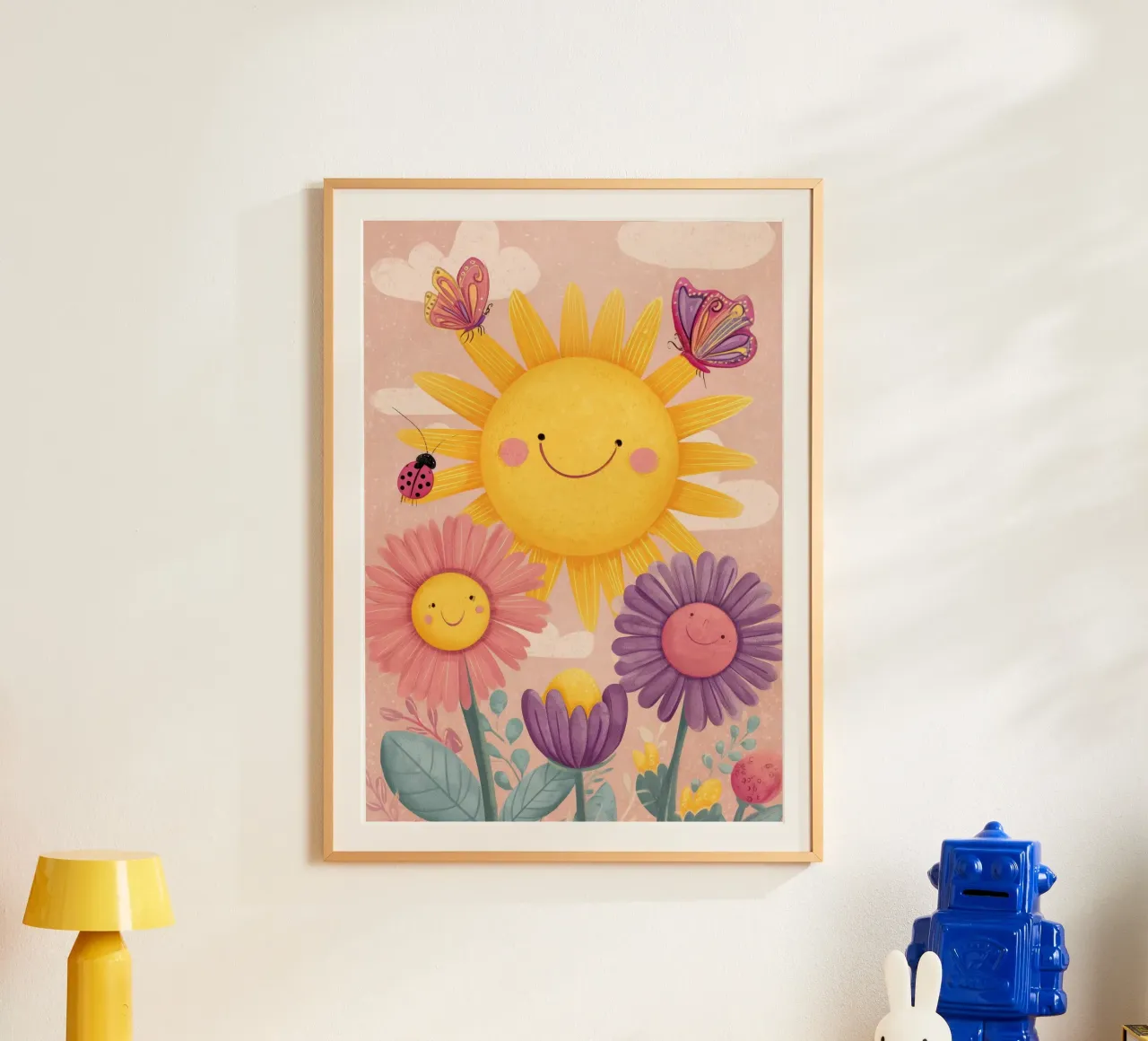 Smiling Sun and Happy Flowers poster con telaio in plastica da Kiara