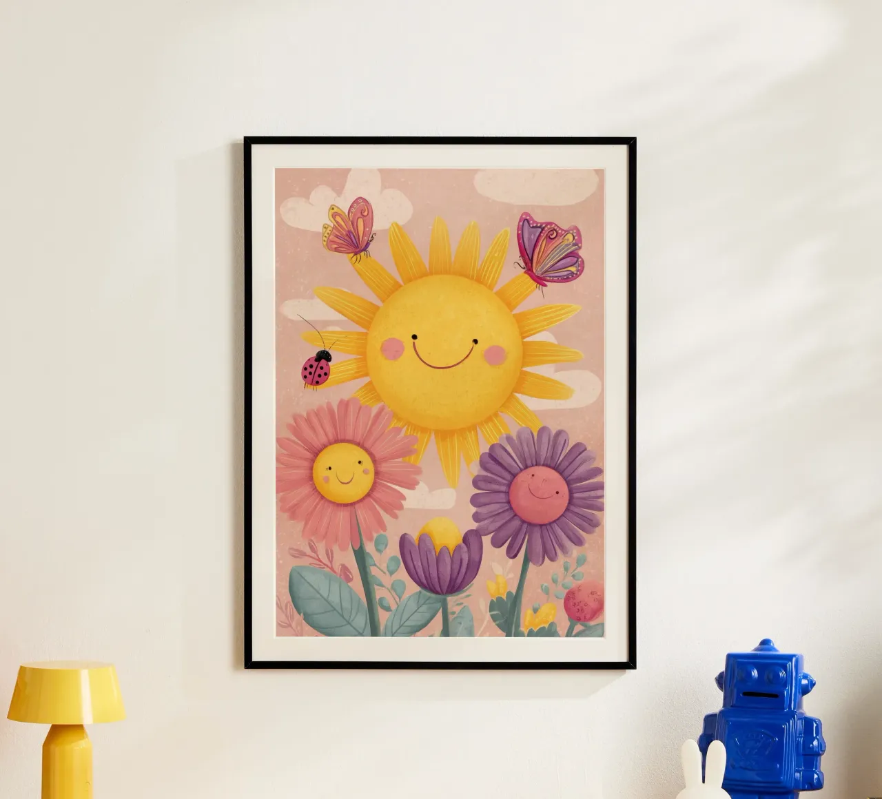 Smiling Sun and Happy Flowers poster con telaio in plastica da Kiara
