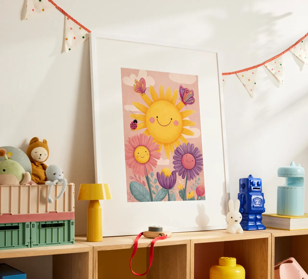 Smiling Sun and Happy Flowers poster con telaio in plastica da Kiara