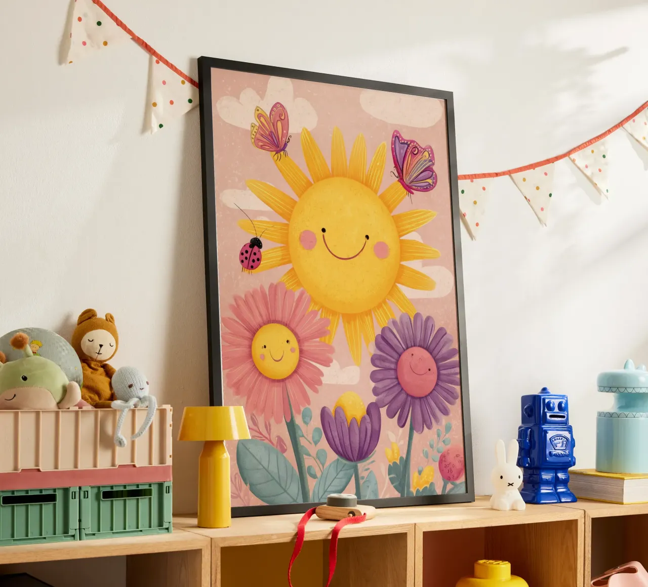 Smiling Sun and Happy Flowers poster con telaio in plastica da Kiara