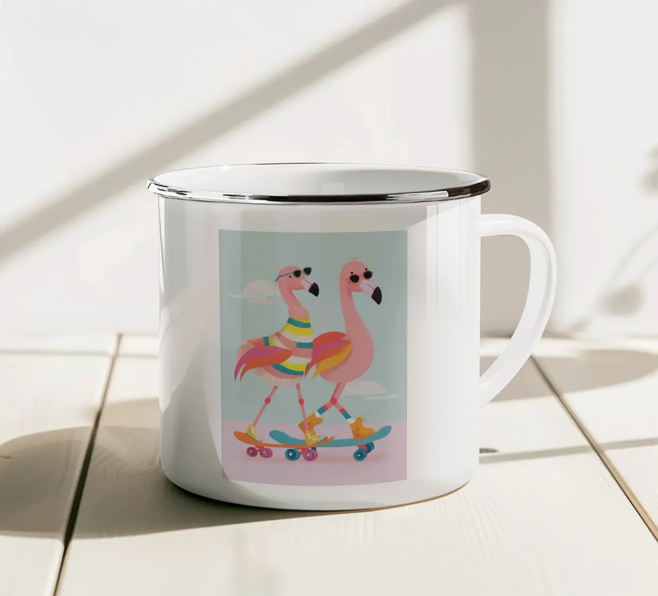 Sunny Skate Flamingos tazza in smalto da Kiara