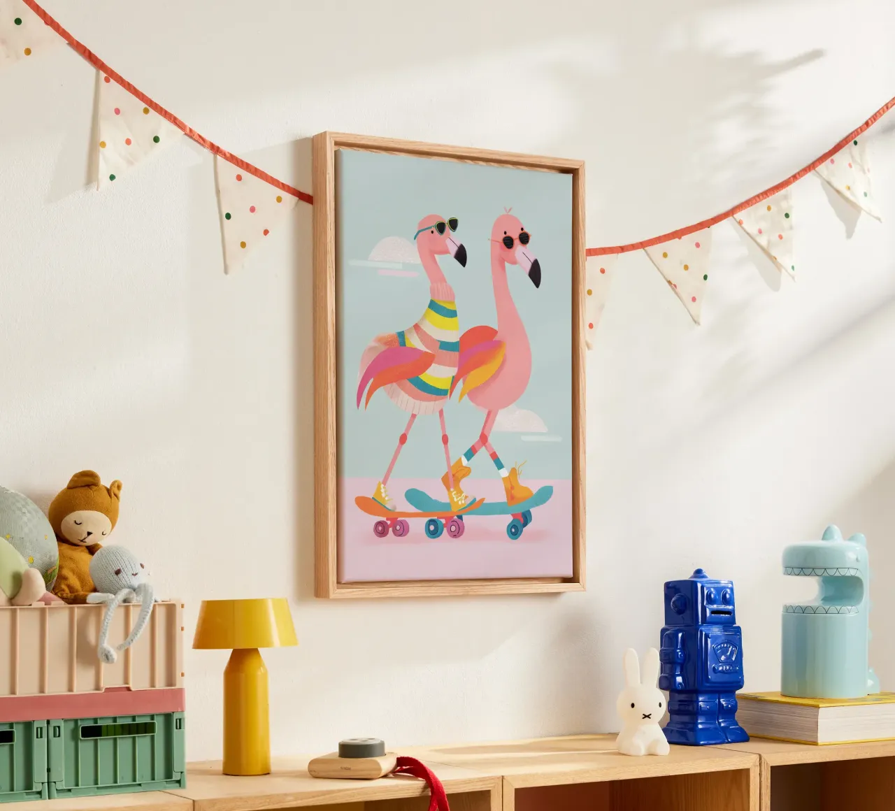 Sunny Skate Flamingos canvas with Floater frame by Kiara