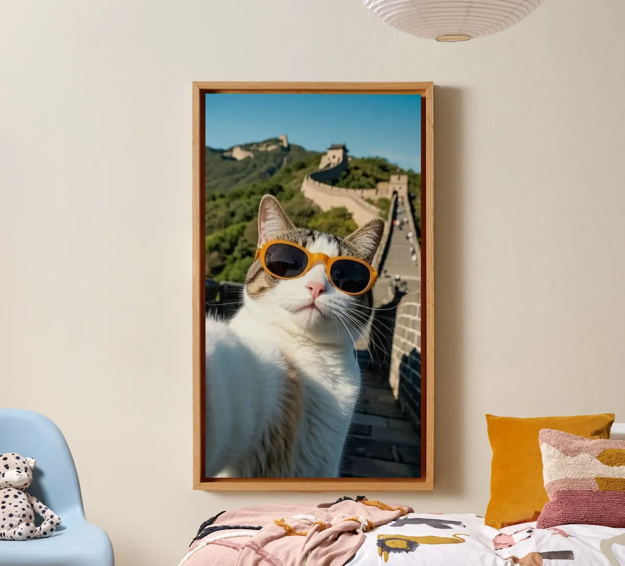 cat selfie on great wall tela con Cornice a cassetta da jasnet