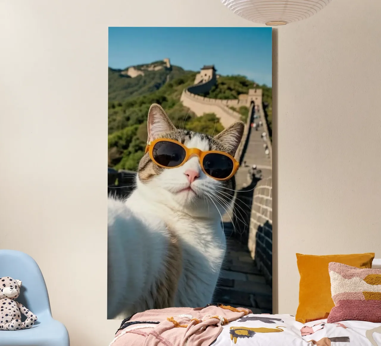 cat selfie on great wall tela con Cornice a cassetta da jasnet