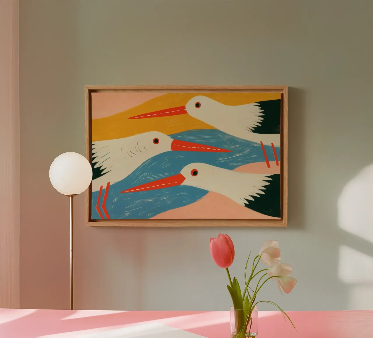 Drie scholeksters | Decoratieve zeevogels canvas met Baklijst van Autofocus