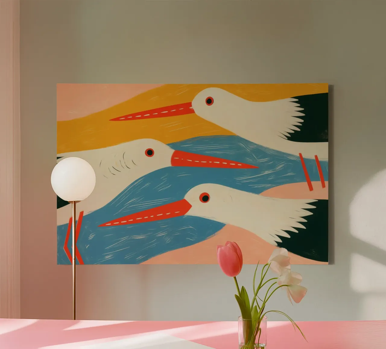 Drie scholeksters | Decoratieve zeevogels canvas met Baklijst van Autofocus