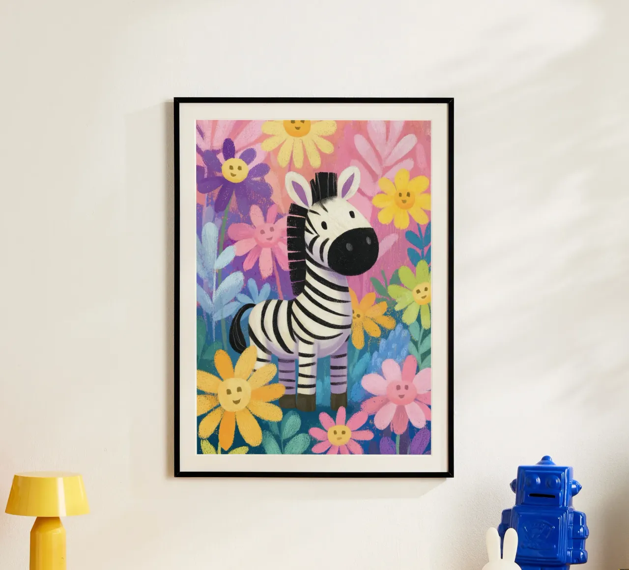 Zara the Zebra in Flowerland poster con telaio in alluminio da Kiara