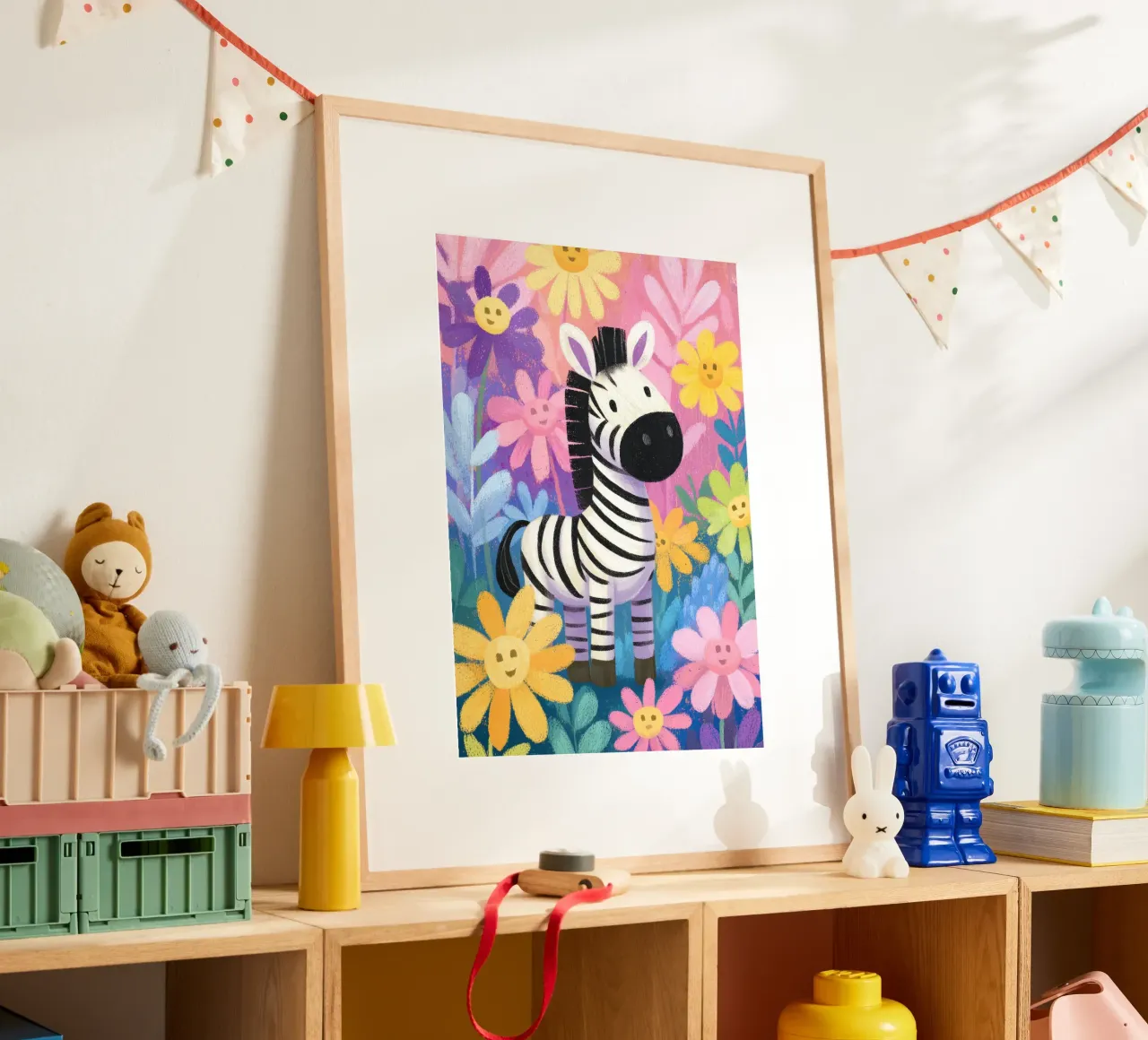 Zara the Zebra in Flowerland poster con telaio in alluminio da Kiara
