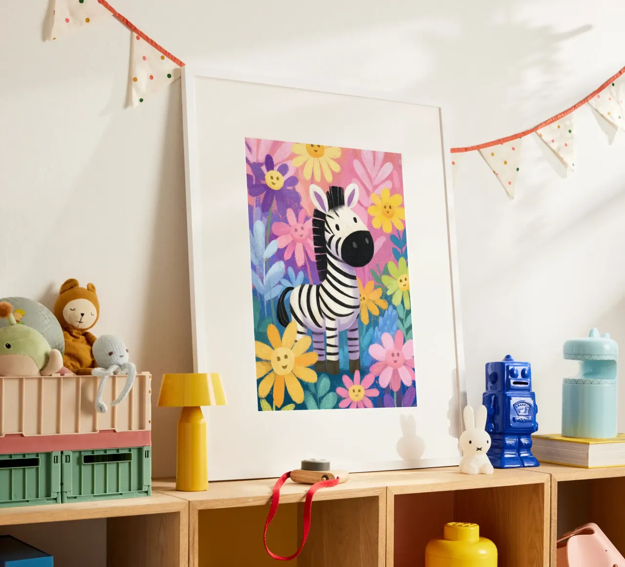 Zara the Zebra in Flowerland poster con telaio in alluminio da Kiara