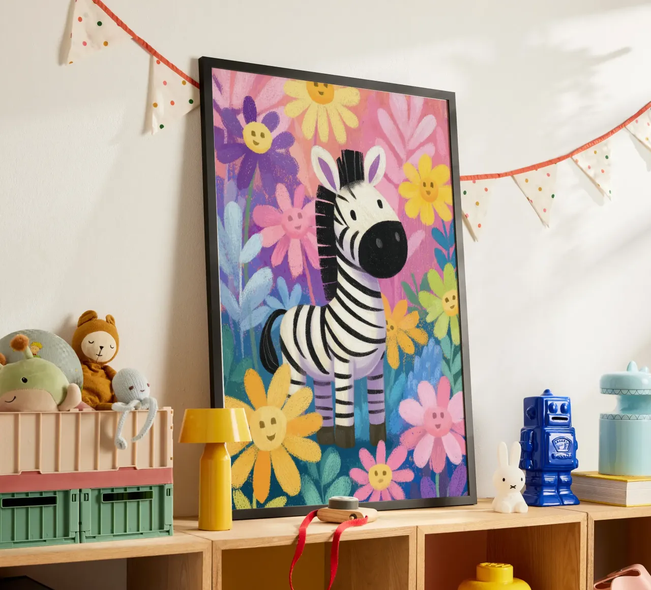Zara the Zebra in Flowerland poster con telaio in alluminio da Kiara