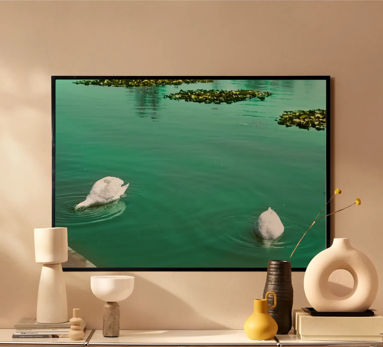 Cigni bianchi su un lago calmo - Stampa naturalistica Fine Art poster da jay