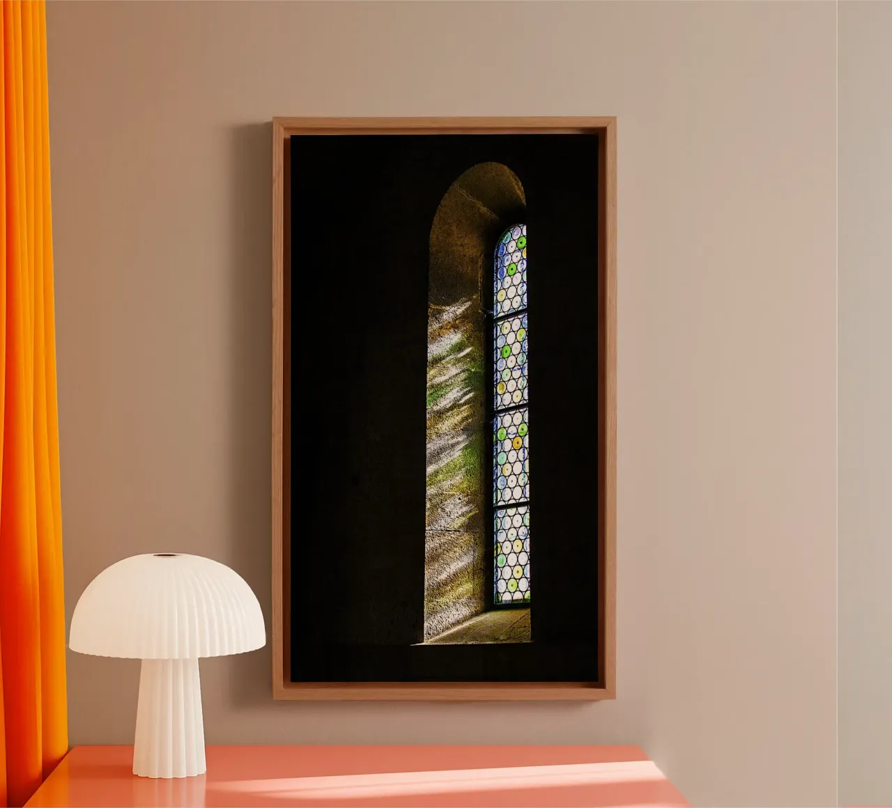 Gebrandschilderd glas licht - Fine Art Photography Print canvas met Baklijst van jay