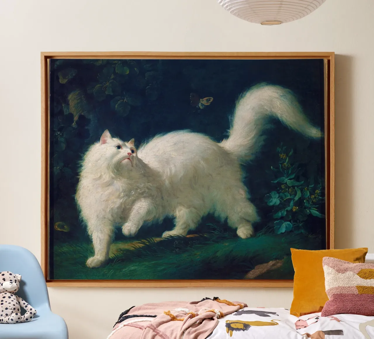 White Angora Cat Chasing a Butterfly – Jean-Jacques Bachelie canvas with Floater frame by Venus Art