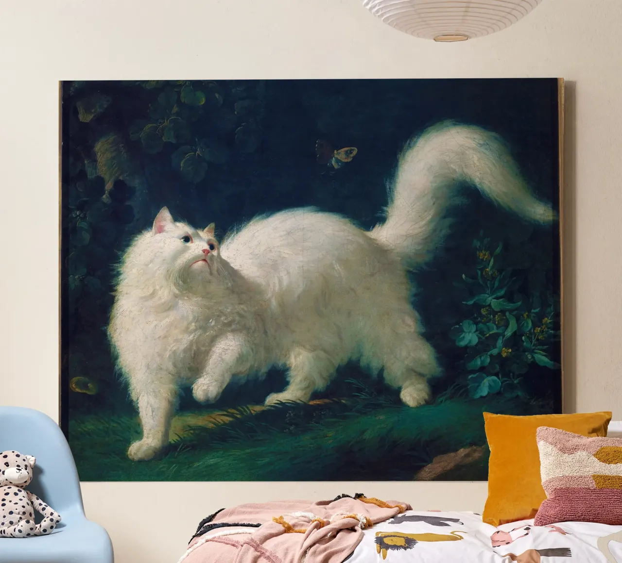 White Angora Cat Chasing a Butterfly – Jean-Jacques Bachelie canvas with Floater frame by Venus Art