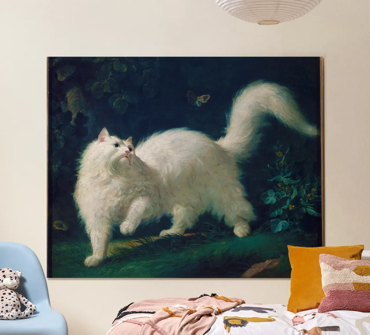 Gatto d'angora bianco che insegue una farfalla - Jean-Jacques Bachelie poster da Venus Art