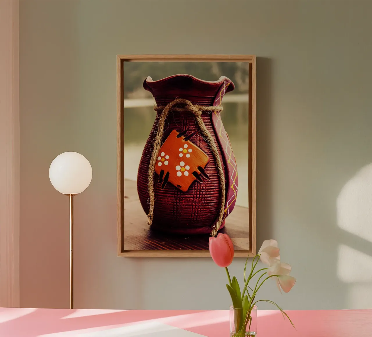 Vase en terre cuite dans des tons rouges chauds toile avec Caisse américaine de jay