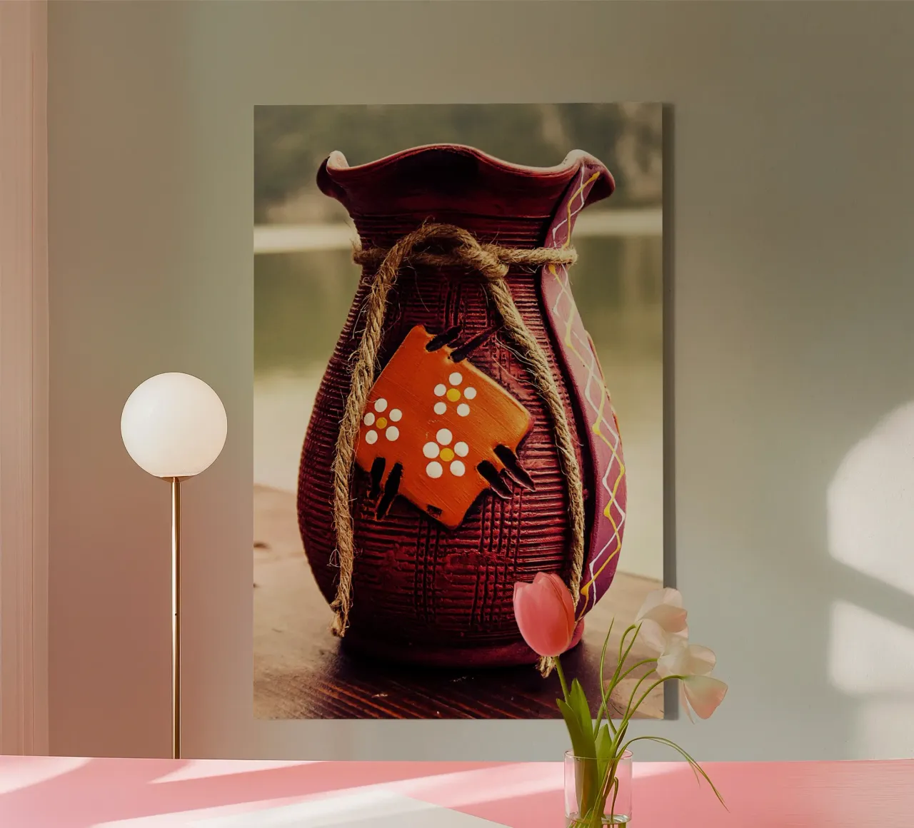 Vase en terre cuite dans des tons rouges chauds toile avec Caisse américaine de jay