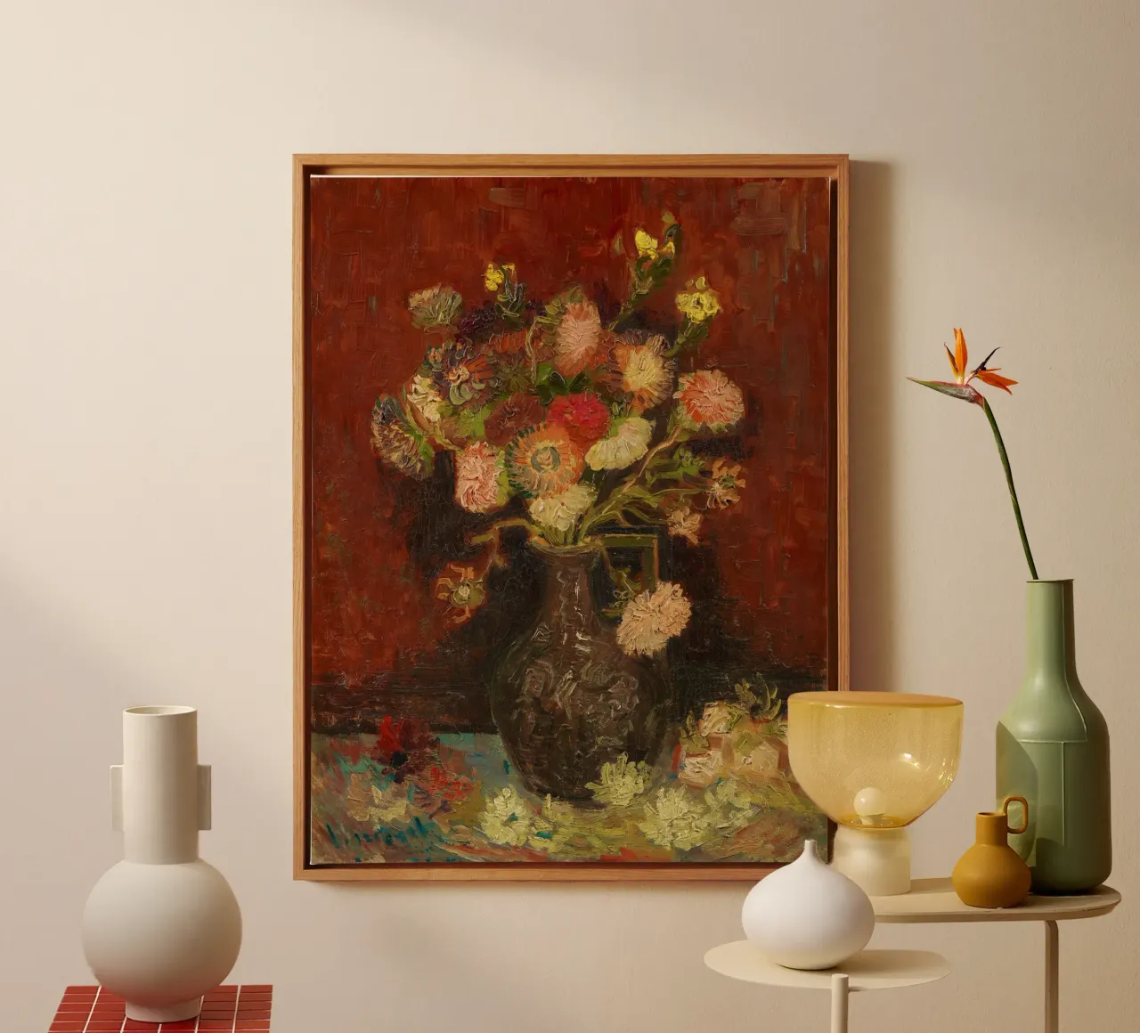 Vase with Chinese Asters and Gladioli – Vincent van Gogh canvas with Floater frame by Van Gogh Prints