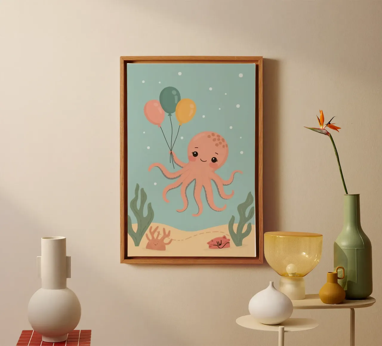 Pulpo de dibujos animados con globos bajo el agua lienzo con Marco flotante de DesignDoodle