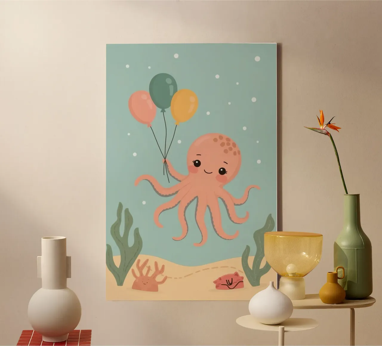 Pulpo de dibujos animados con globos bajo el agua lienzo con Marco flotante de DesignDoodle