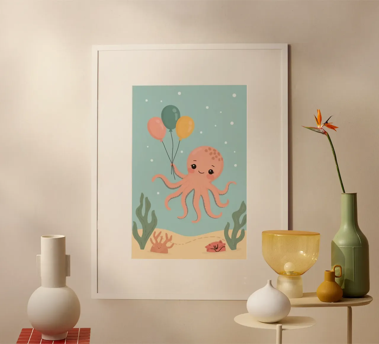 Polpo a cartoni animati con palloncini sott'acqua poster con telaio in legno da DesignDoodle