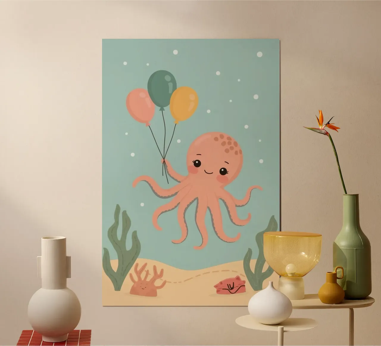 Polpo a cartoni animati con palloncini sott'acqua poster con telaio in legno da DesignDoodle