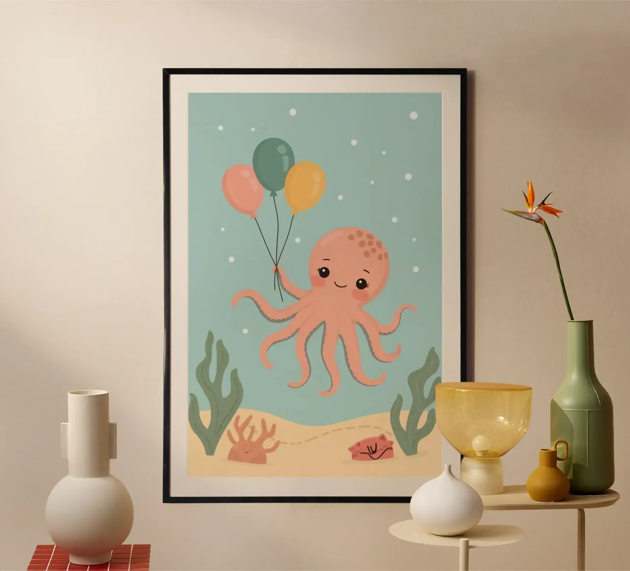 Polpo a cartoni animati con palloncini sott'acqua poster con telaio in legno da DesignDoodle