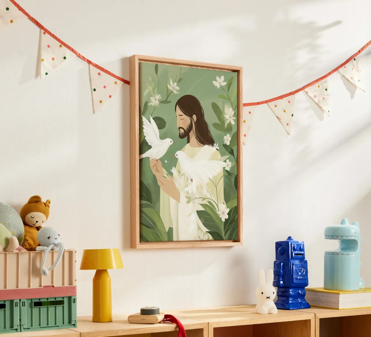 Poster minimalista della serenità con Gesù e le colombe tela con Cornice a cassetta da vintagepod