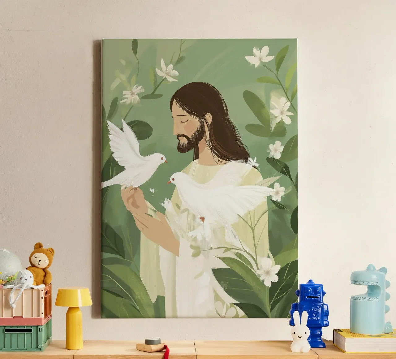 Poster minimalista della serenità con Gesù e le colombe tela con Cornice a cassetta da vintagepod