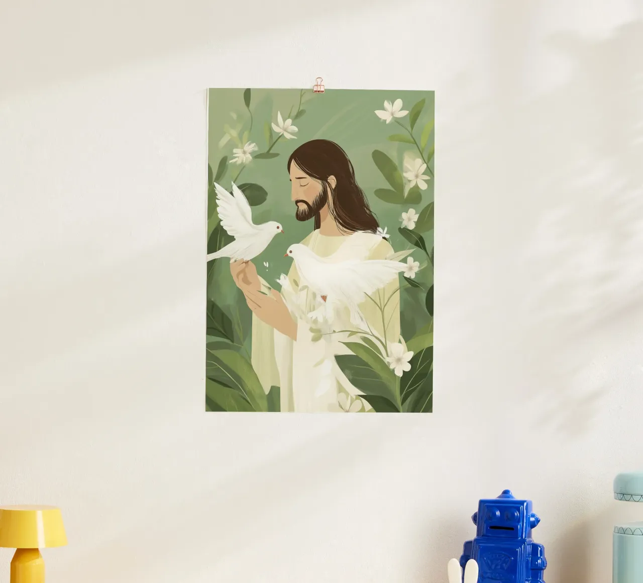 Poster minimalista della serenità con Gesù e le colombe poster da vintagepod