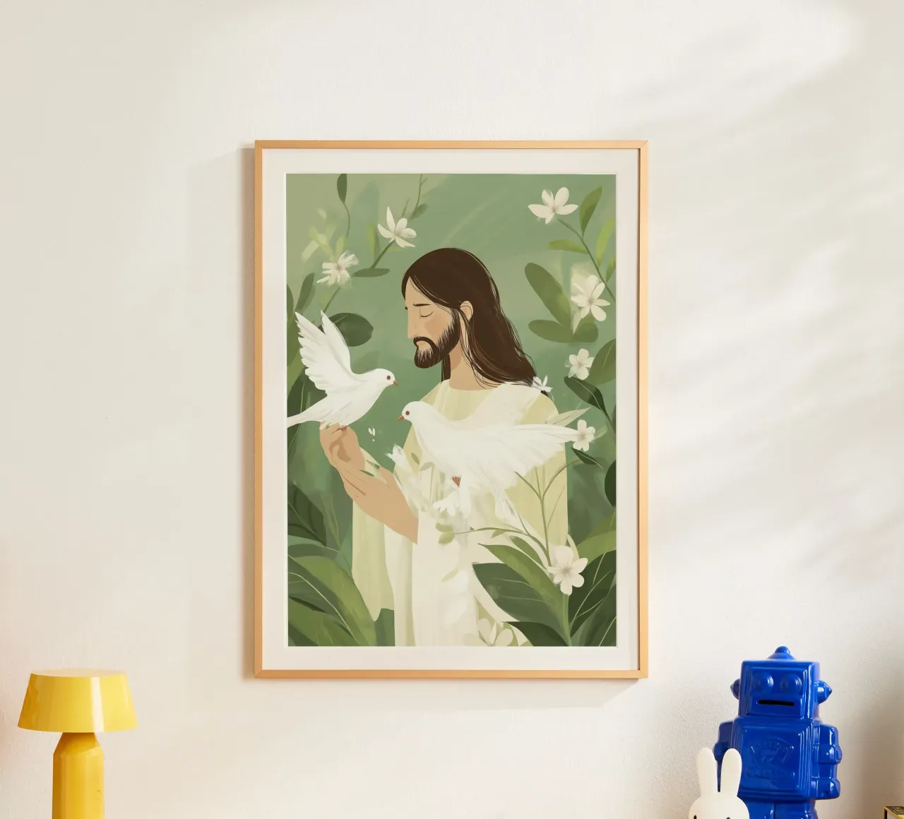 Poster minimalista della serenità con Gesù e le colombe poster da vintagepod