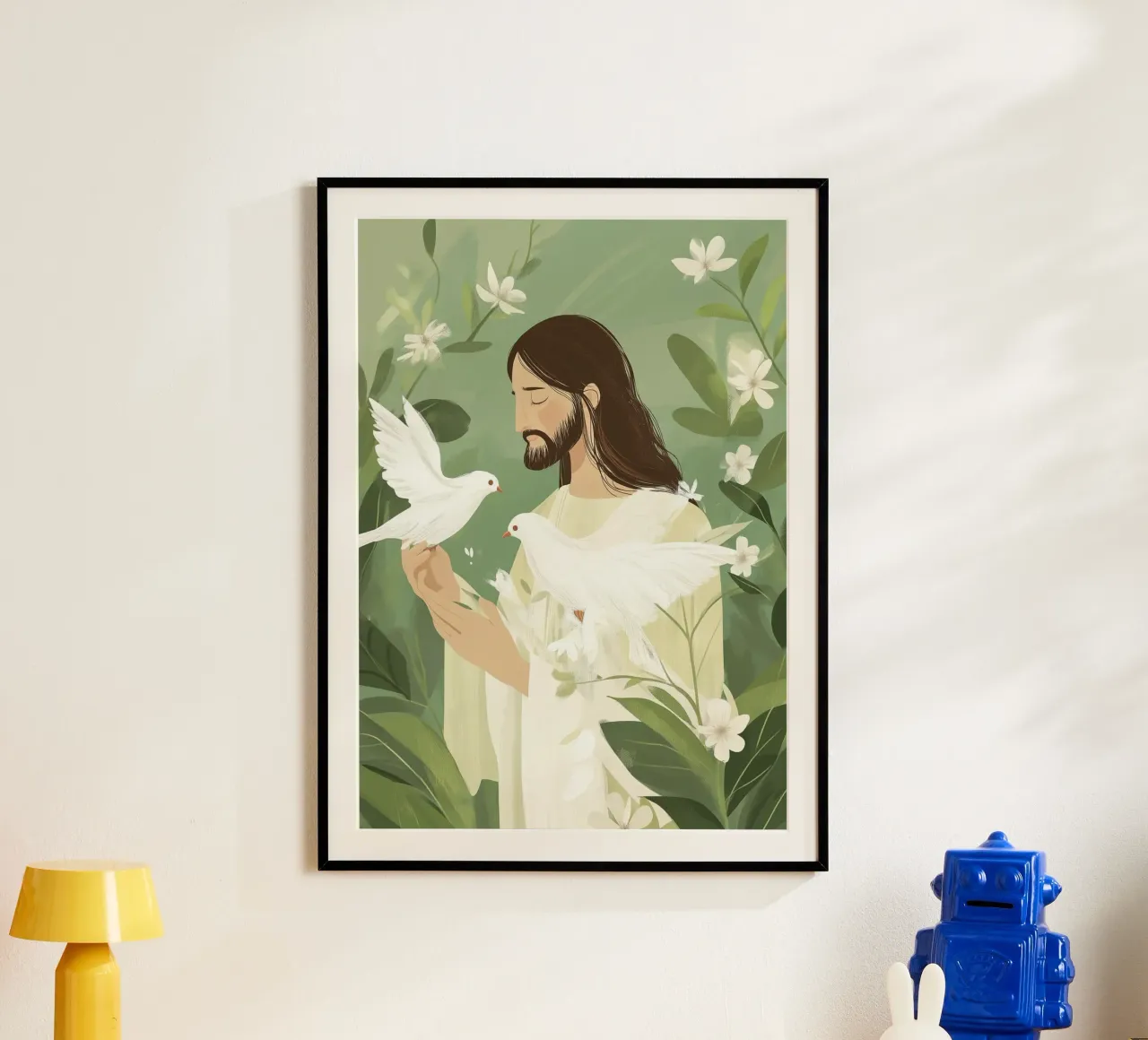 Poster minimalista della serenità con Gesù e le colombe poster da vintagepod