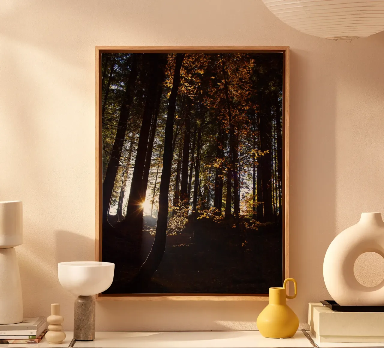 Le soleil transperce une forêt d'automne - Nature Photo Print toile avec Caisse américaine de jay