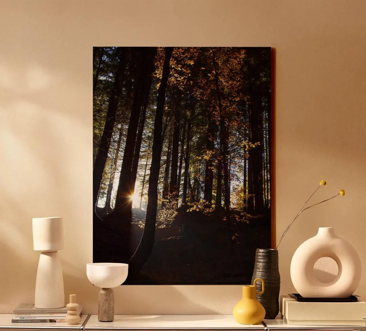Le soleil transperce une forêt d'automne - Nature Photo Print toile avec Caisse américaine de jay