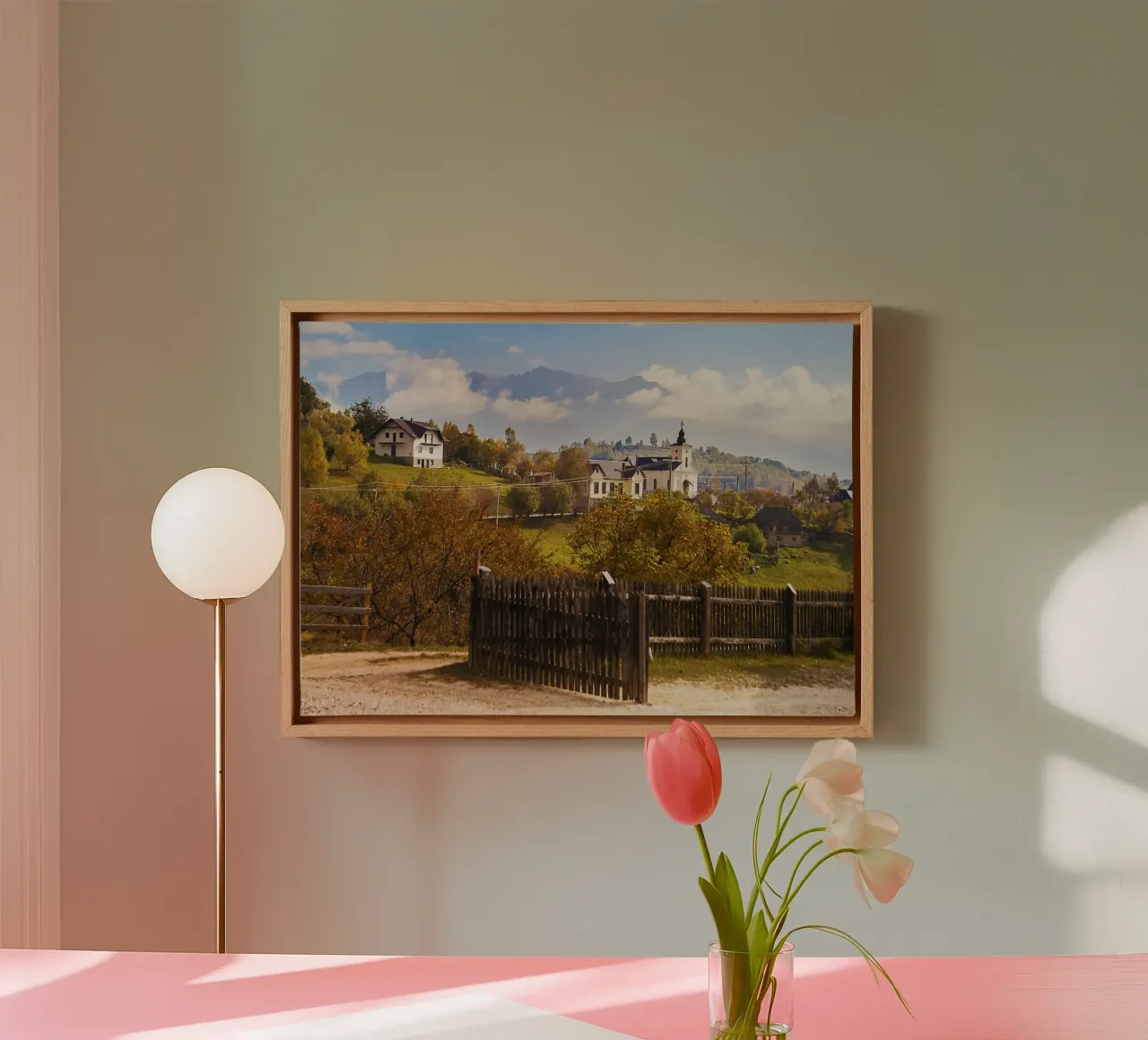 Autumn Village with Mountains & Church - Nature Photo Print canvas with Floater frame by jay