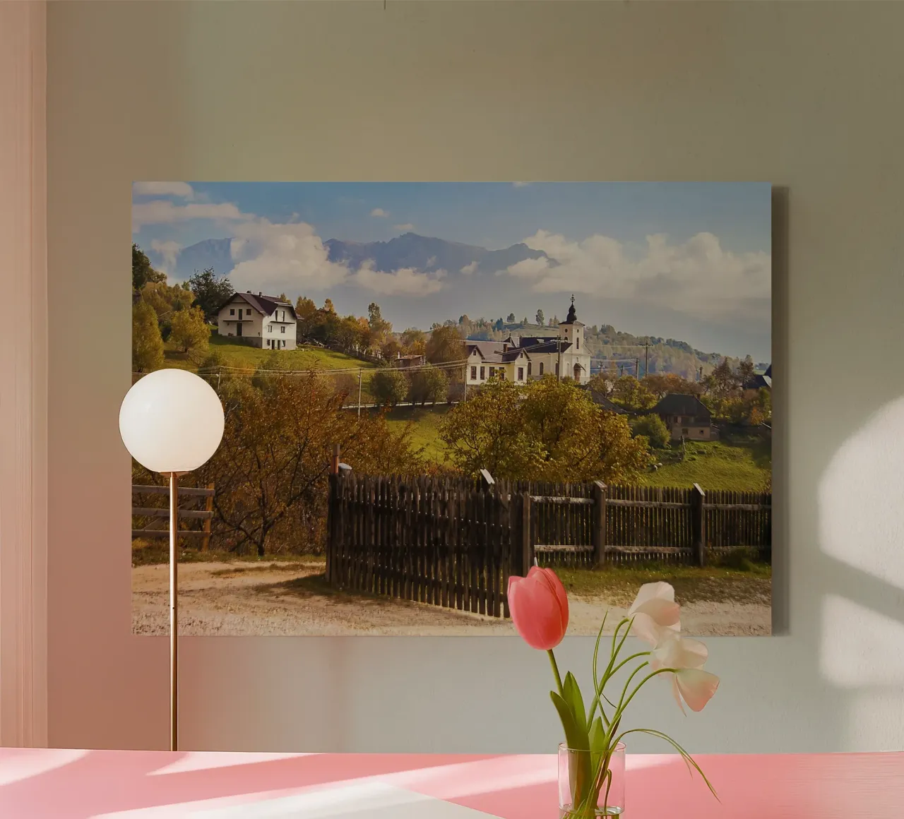 Autumn Village with Mountains & Church - Nature Photo Print canvas with Floater frame by jay
