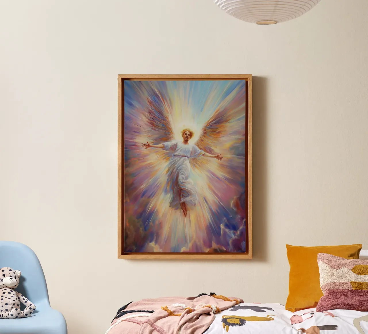 Strahlender Engel des Lichts - Spirituelles Ölgemälde Leinwand mit Schattenfugenrahmen von vintagepod