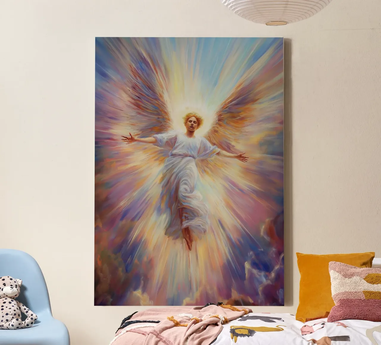 Strahlender Engel des Lichts - Spirituelles Ölgemälde Leinwand mit Schattenfugenrahmen von vintagepod