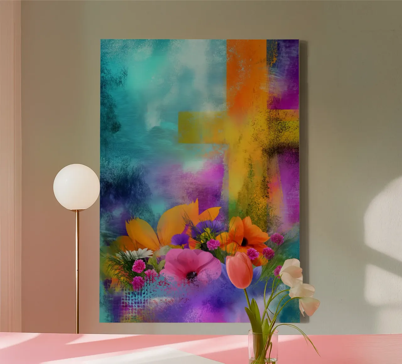 Abstract Kruis & Bloemen Moderne Spirituele Kunst canvas met Baklijst van vintagepod