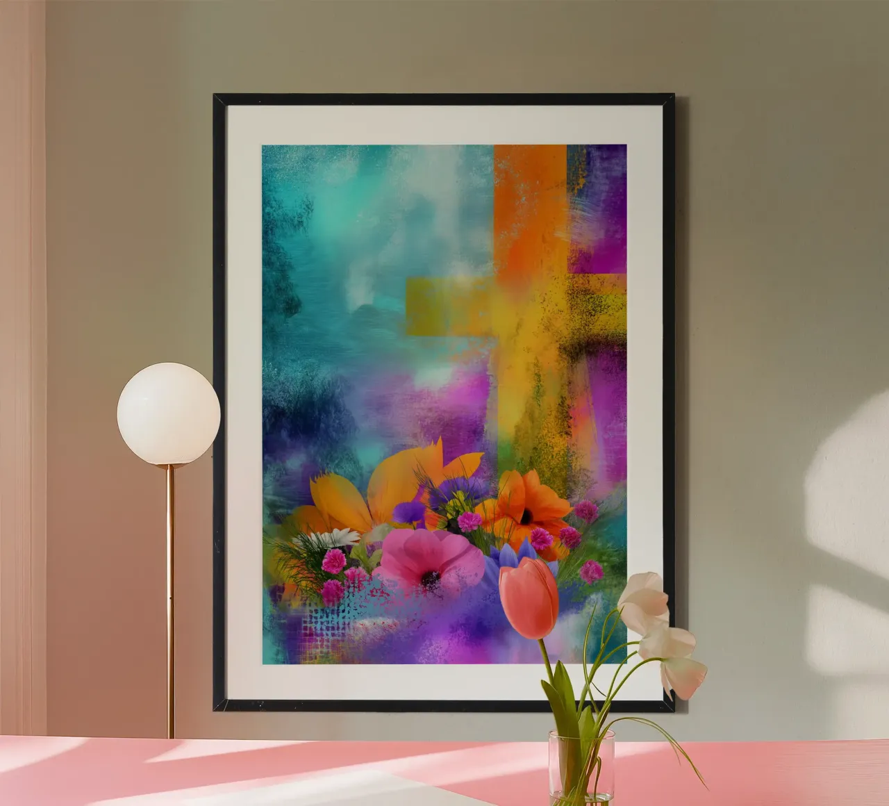 Abstract Kruis & Bloemen Moderne Spirituele Kunst poster van vintagepod