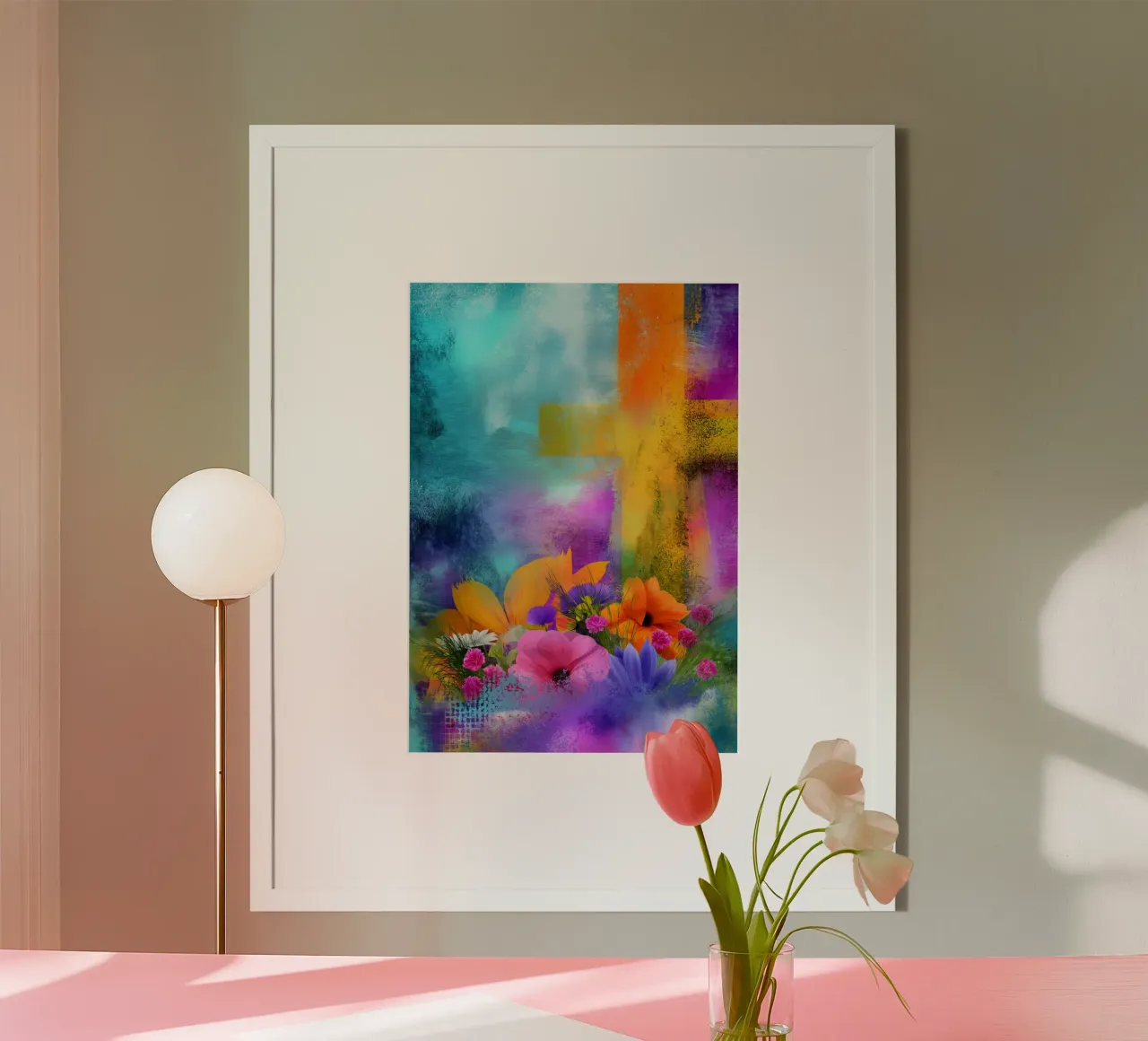 Abstract Kruis & Bloemen Moderne Spirituele Kunst poster van vintagepod