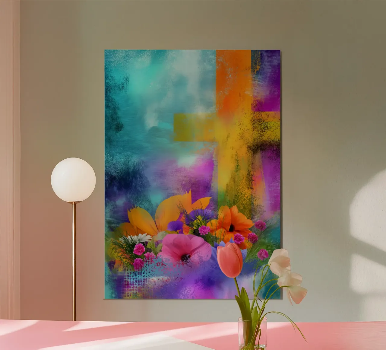 Abstract Kruis & Bloemen Moderne Spirituele Kunst poster van vintagepod
