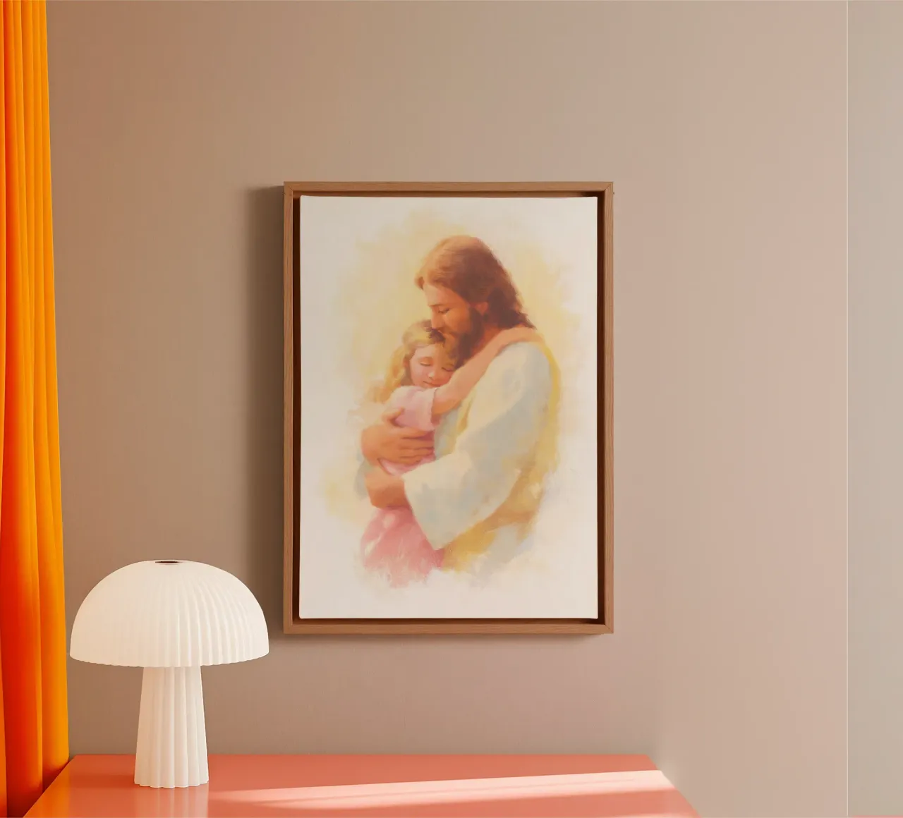 Jezus die een kind omhelst - Tedere Spirituele Kunst canvas met Baklijst van vintagepod