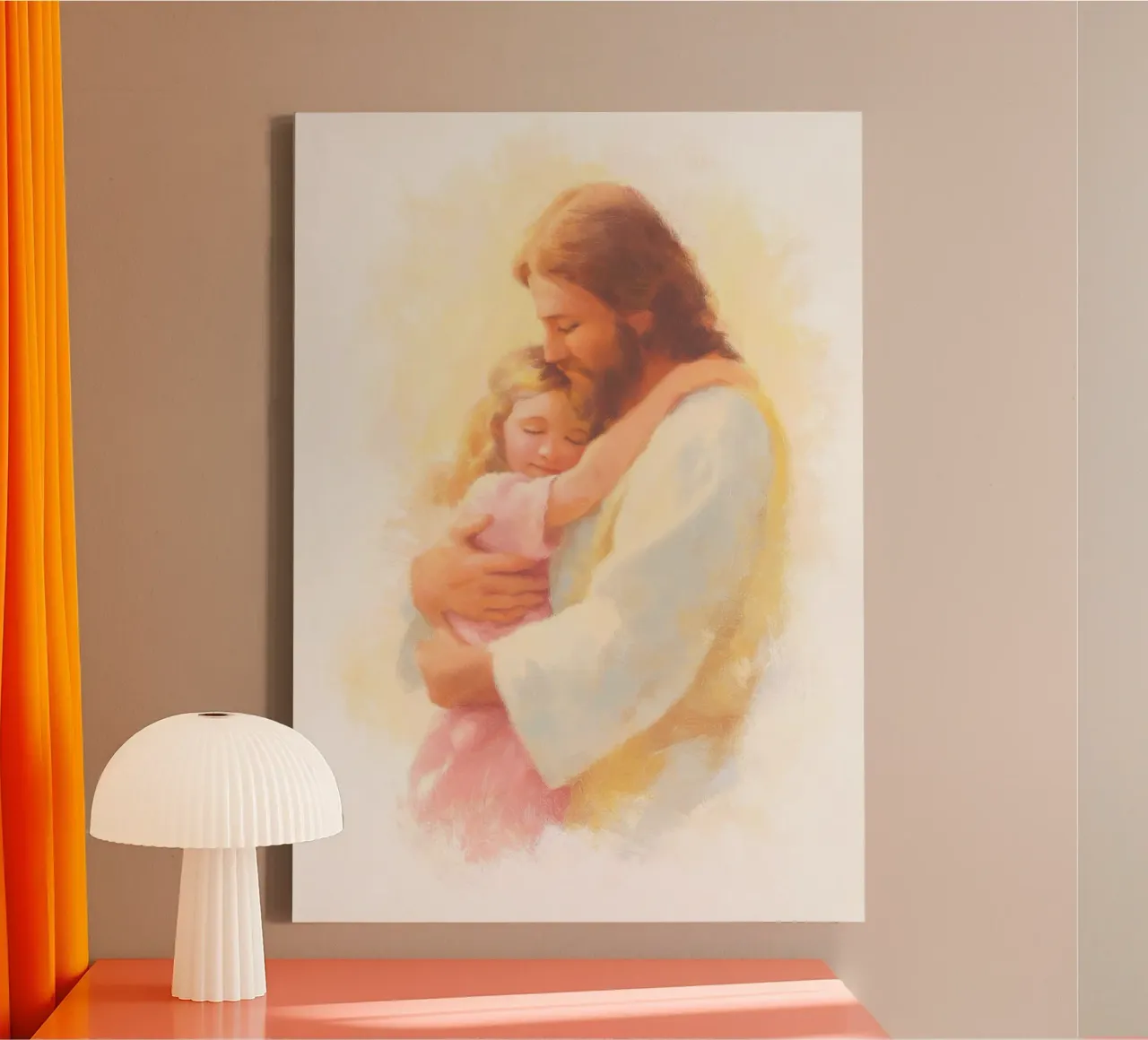 Jezus die een kind omhelst - Tedere Spirituele Kunst canvas met Baklijst van vintagepod